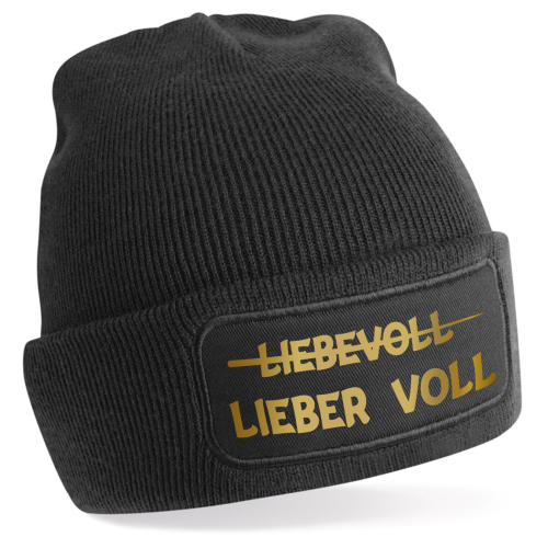 Preview: One Size Beanie, Mütze mit Spruch:  LIEBEVOLL Lieber VOLL - goldene Schrift